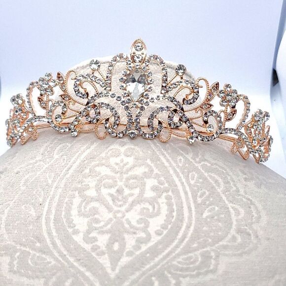 Rose Gold Tiara Bridal Pageant Crown Shiny Rhinestone Princess Birthday - Picture 3 of 12